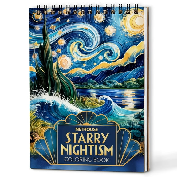 NETHOUSE Starry Nightism Coloring Book for Adults Relaxation & Stress Relief, A5 Wooden Cover, 30 Coloring Pages of Whimsical Celestial Nights, Dreamy Nightscapes, Celestial Patterns, Cosmic Art