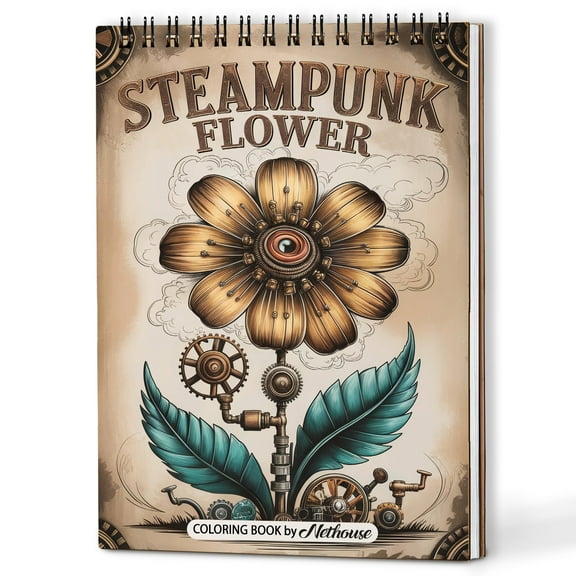 NETHOUSE Steampunk Flower Spiral Coloring Book for Adults, A5 Wooden Cover, 30 Stunning Coloring Pages of Intricate Steampunk Flowers, Gear Designs, Vintage Patterns and Mechanical Elements