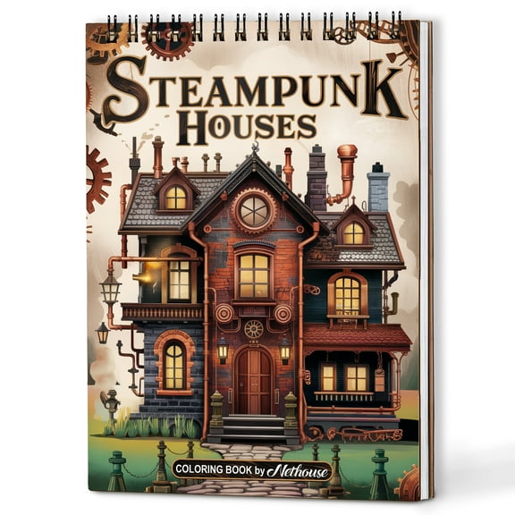 NETHOUSE Steampunk Houses Spiral Coloring Book for Adult, A5 Wooden Cover, 30 Calming Coloring Pages of Industrial Architecture, Vintage Machinery, Intricate Gears, Steam-Powered Structure