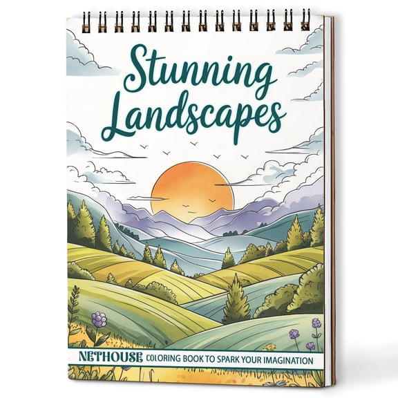 NETHOUSE Stunning Landscapes Spiral Coloring Book for Adults, A5 Wooden Cover, 30 Coloring Pages of Breathtaking Views, Majestic Mountains, Serene Lakes, Sunsets and Scenic Nature Designs