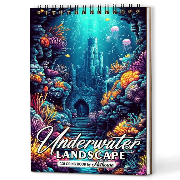 NETHOUSE Underwater Landscape Spiral Coloring Book for Adults, A5 Wooden Cover, 30 Tranquil Coloring Pages of Ocean Views, Marine Life, Coral Reefs, Beautiful Fish and Underwater Caves