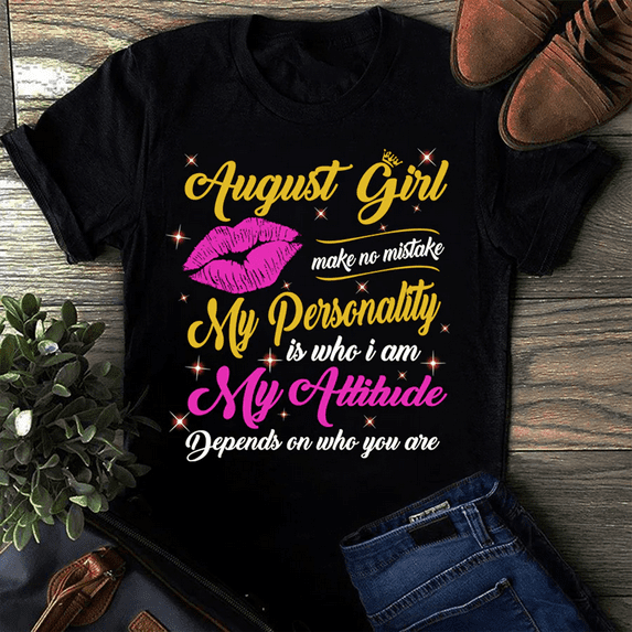 NETHOUSE Women's Birthday T-Shirt - August Girl with Personality and Attitude Quote - Pink Lips and Glitter Graphic - Cotton Blend Tee - Sizes S to 5XL