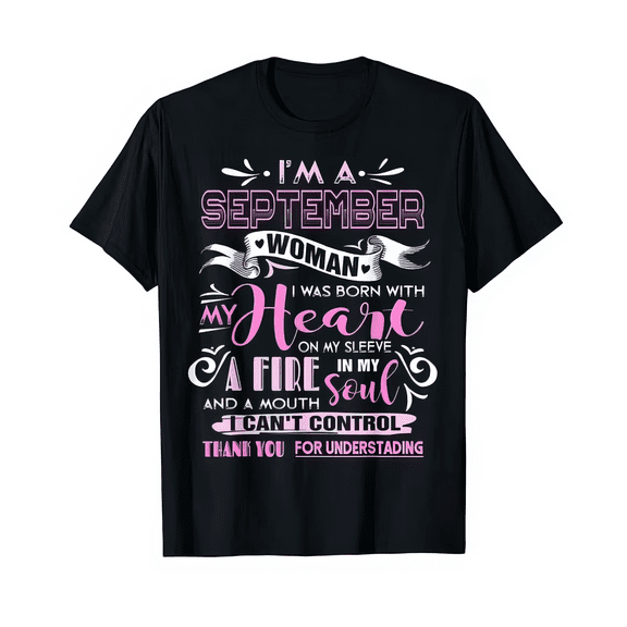 NETHOUSE Women's Birthday T-Shirt - September Woman Born with Fire in Her Soul and a Mouth She Can't Control - Pink Graphic Tee - Cotton Blend - Sizes S to 5XL