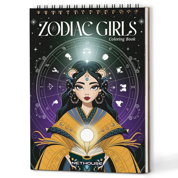 NETHOUSE Zodiac Girls Spiral Coloring Book for Adults, A5 Wooden Cover, 30 Coloring Pages of Zodiac Signs through Illustrations of Star-inspired Girls, Astrology Illustration, Celestial Art