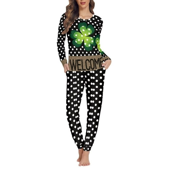 NETILGEN 2 Pack Pjs Set for Women & Green Leaves Pattern, Loose Fitting Pajama Lingerie Pajamas for Women Set Pants, Home Indoor Casual Pjs for Women Multi-Seasons