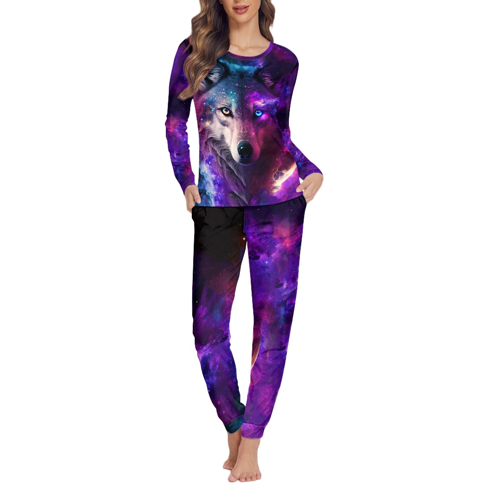 NETILGEN 2 Pack Starry Sky Wolf Pj Set for Women Plus Size for Multi