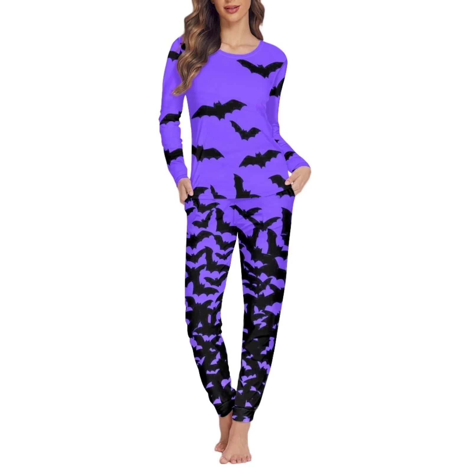 NETILGEN 2 Pieces Halloween Bats Print Pajamas for Women Set, Round