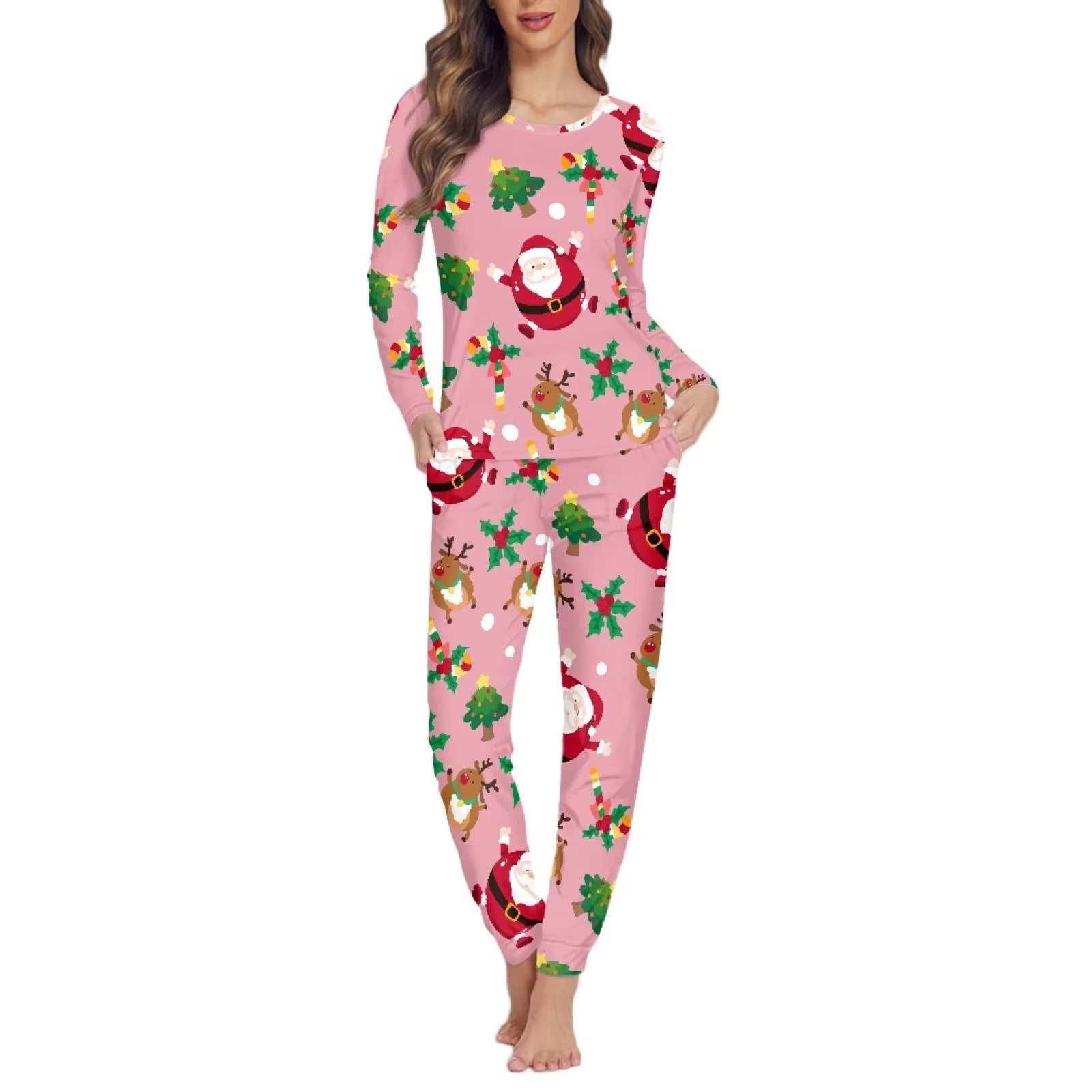 NETILGEN Christmas Candy Cane & Santa Claus Print Women Nightwear