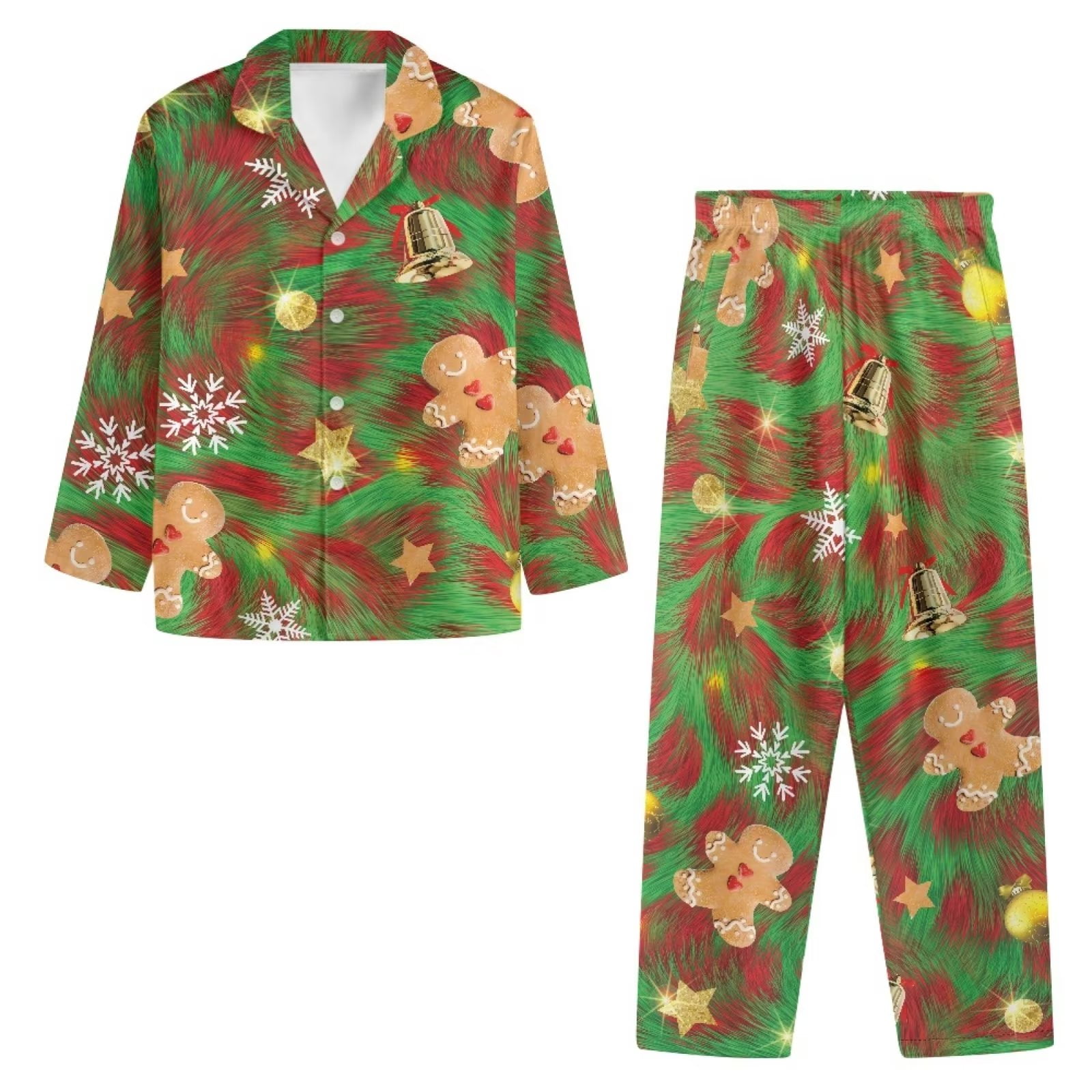 NETILGEN Christmas Gingerbread Man & Bell Button Pajama Sets for Women Soft, Comfy Button Up