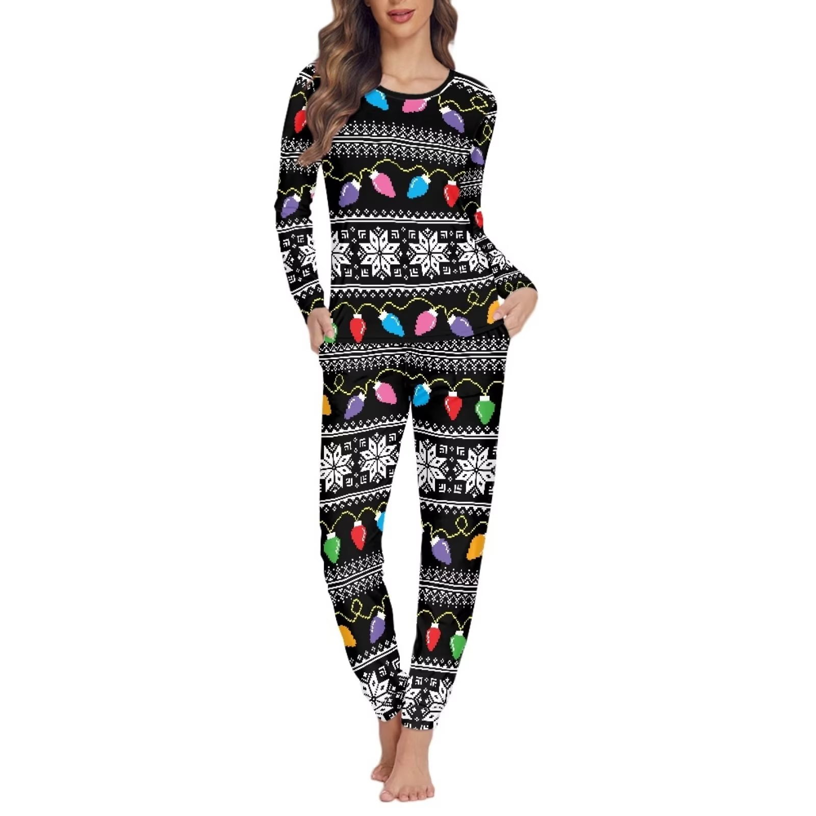 NETILGEN Christmas Snowflakes & Lights Print Women Sleepwear Pajama Set
