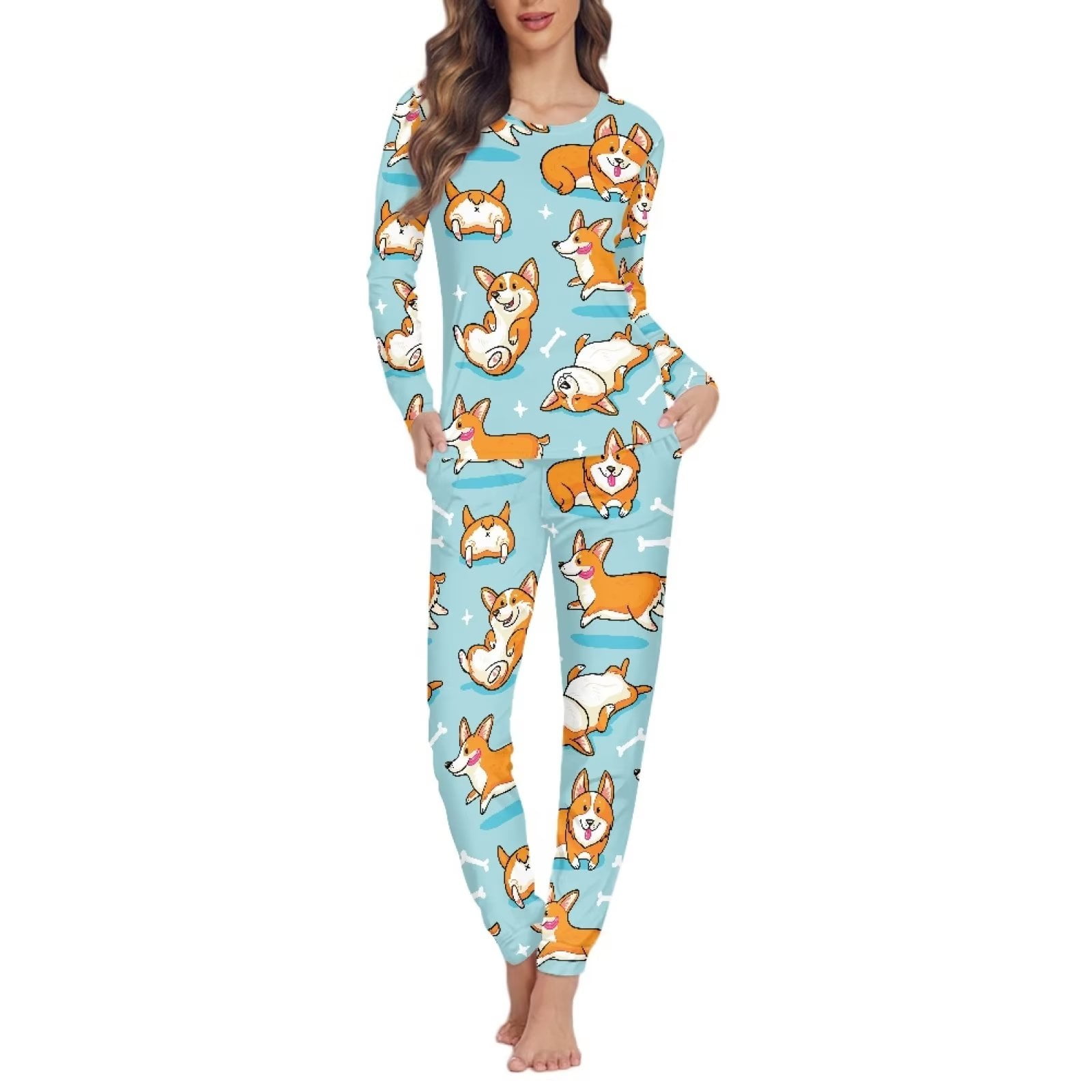 Neck Set, Print Skin with Pack for Pajamas Women Design, Long Sleeve Cotton Loungewear Set Sleepwear NETILGEN Friendly Pajama Set Various Breathable & Dog Women Crew 2