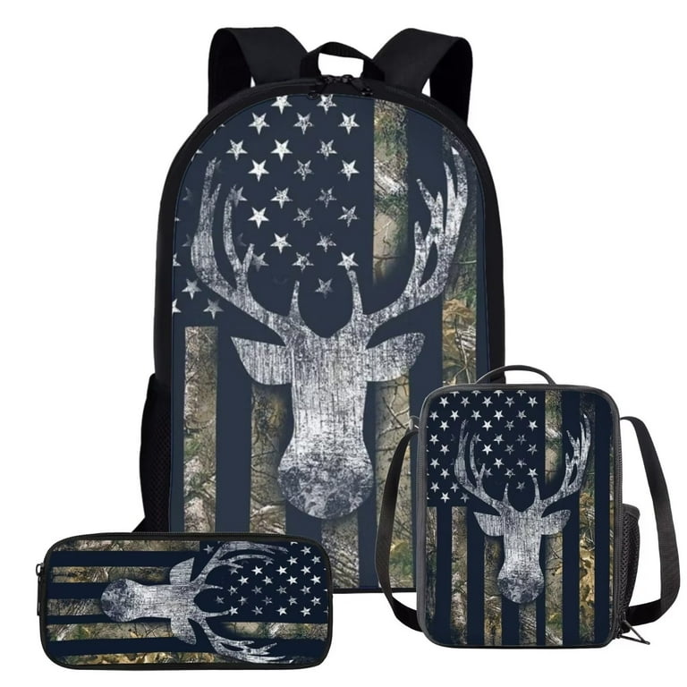 NETILGEN Kids Backpacks for Middle School Military Camo Forest Deer Lightweight Bookbag Water Resistant with Lunch Pack Pencil Case 3pcs