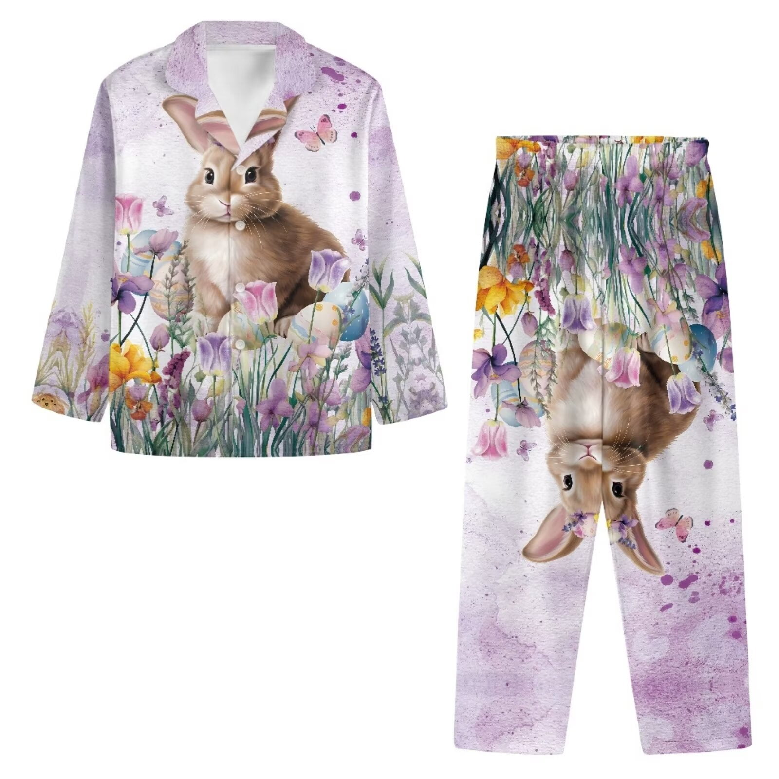 NETILGEN Lily Rabbit Pattern Button Down Night Shirts for Women Sleepwear Fit Easter Day Gift V Neck Button Front Pajama Tops for Women 2 Pack Thermal Pj Set for Women Button Top