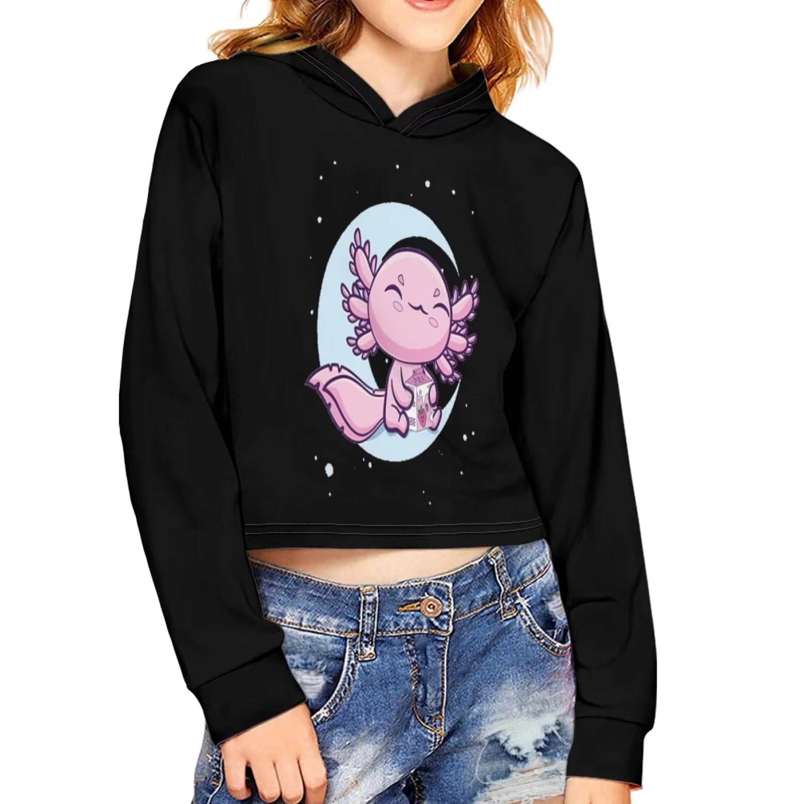 NETILGEN Moon Axolotls Design Cute Crop Top Hoodies for Kids, Girls Long  Sleeve Hooded Sweatshirt Blouse Tops, Graphic Athletic Clothing Drop  Shoulder Hoodies Y2K Fit 7-8Y 