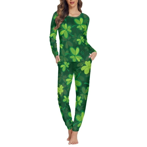 NETILGEN Plant Green Leaves Skin-Friendly Nightwear for Women Sleepwear, 2 Pieces Winter & Summer & Autumn Women Pajama Set, Round Neck & Long Sleeve Pjs Set for Women