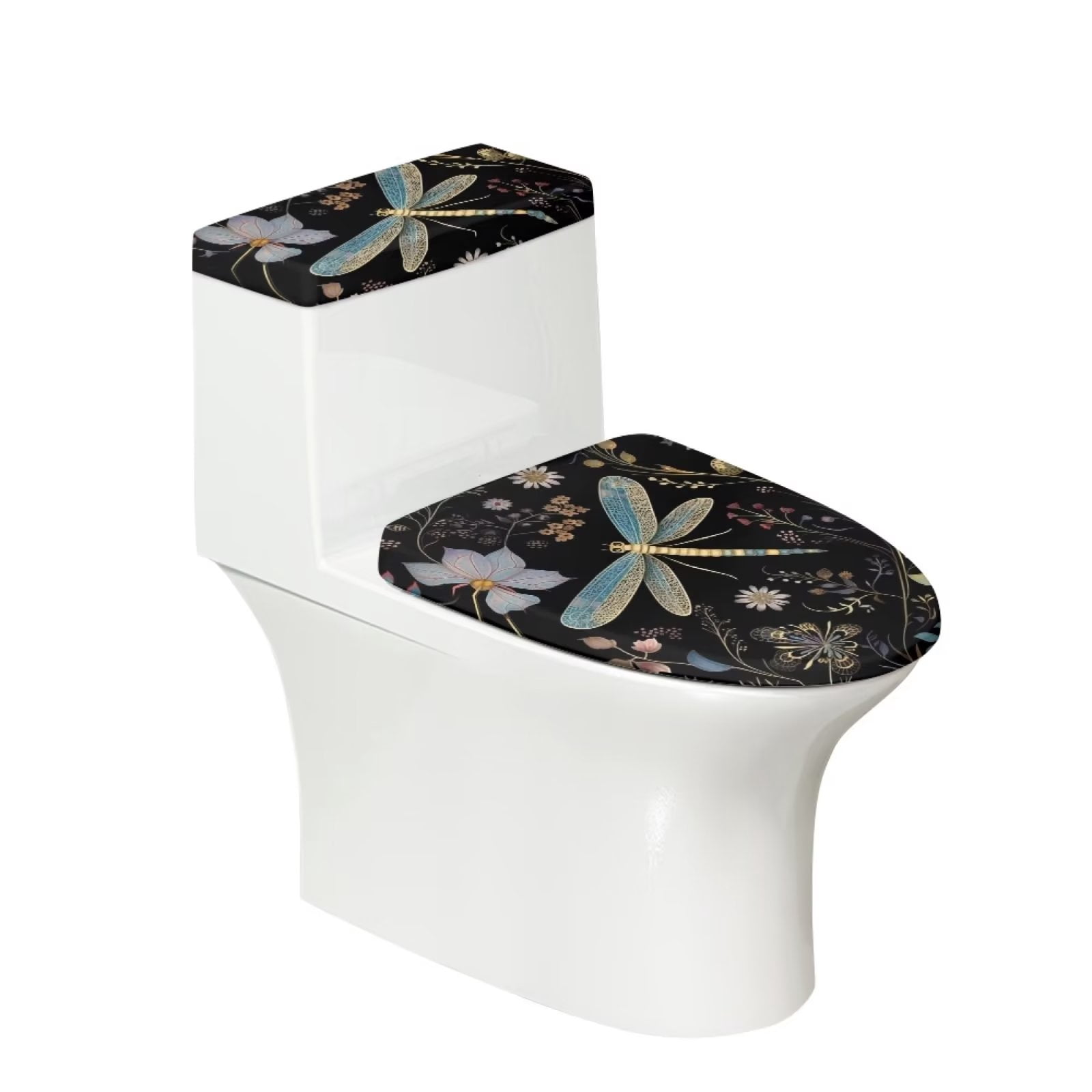 NETILGEN Retro Lotus Dragonfly WaterResistant Toilet Top Cover Tank Lid + Soft Toilet Lid Cover
