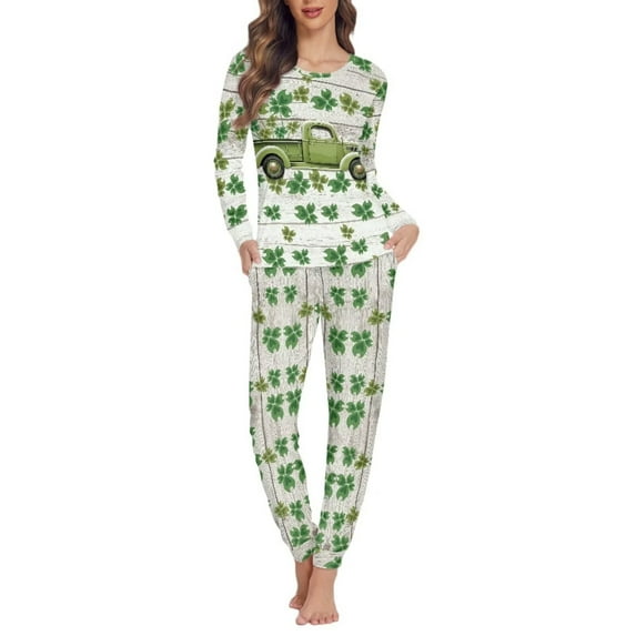 NETILGEN Thermal Green Leaves & Truck Pj Set for Women Plus Size, Comfortable Women Pajama Set Long Sleeve & Crew Neck, 2 Pcs Women Pj Sets Summer & Winter & Autumn