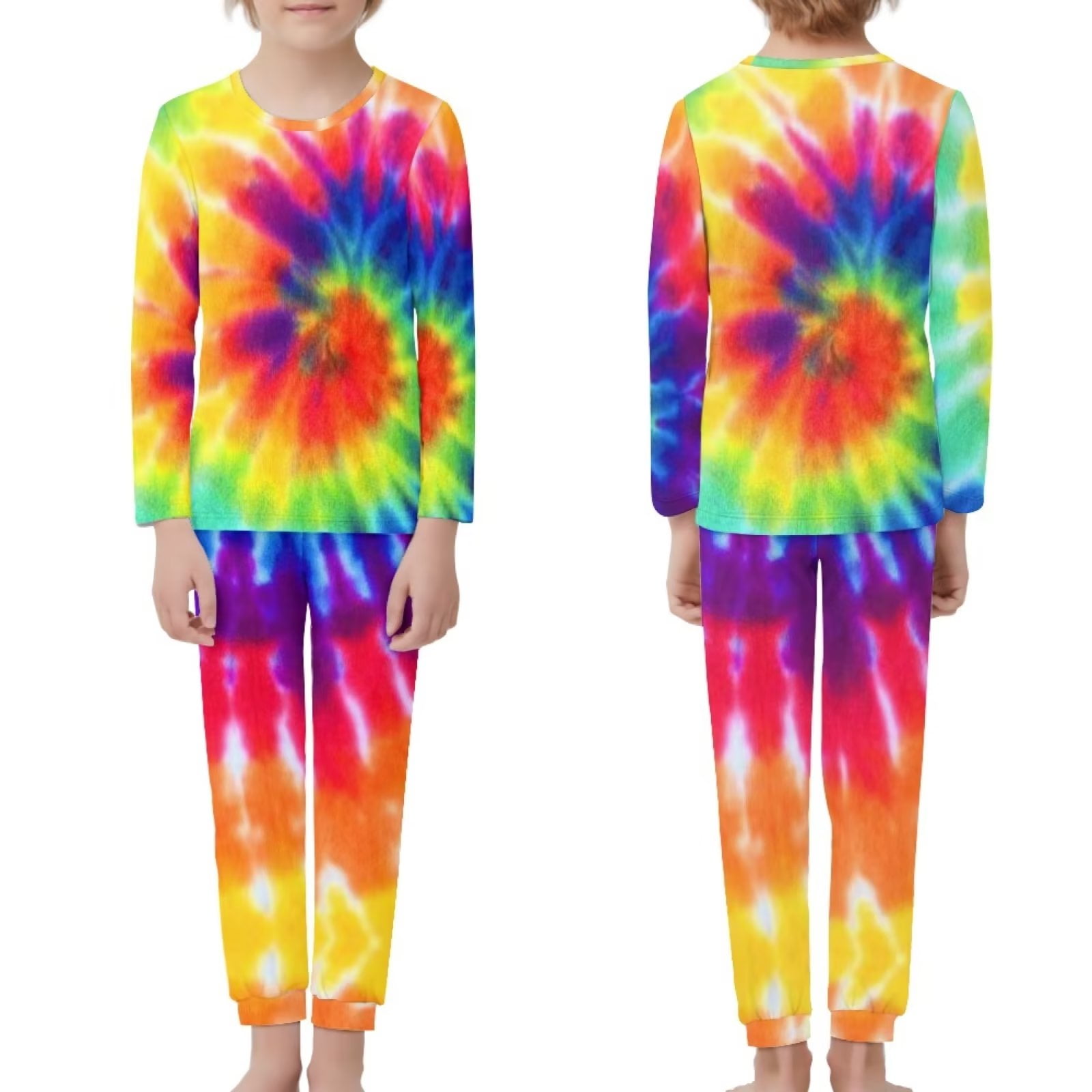 NETILGEN Vortex Rainbow Tie Dye Print Pajamas for Kids 2 PCS Youth Pjs for Boys Size with Side Pockets Comfortable Leisure Long Sleeve Children Kid