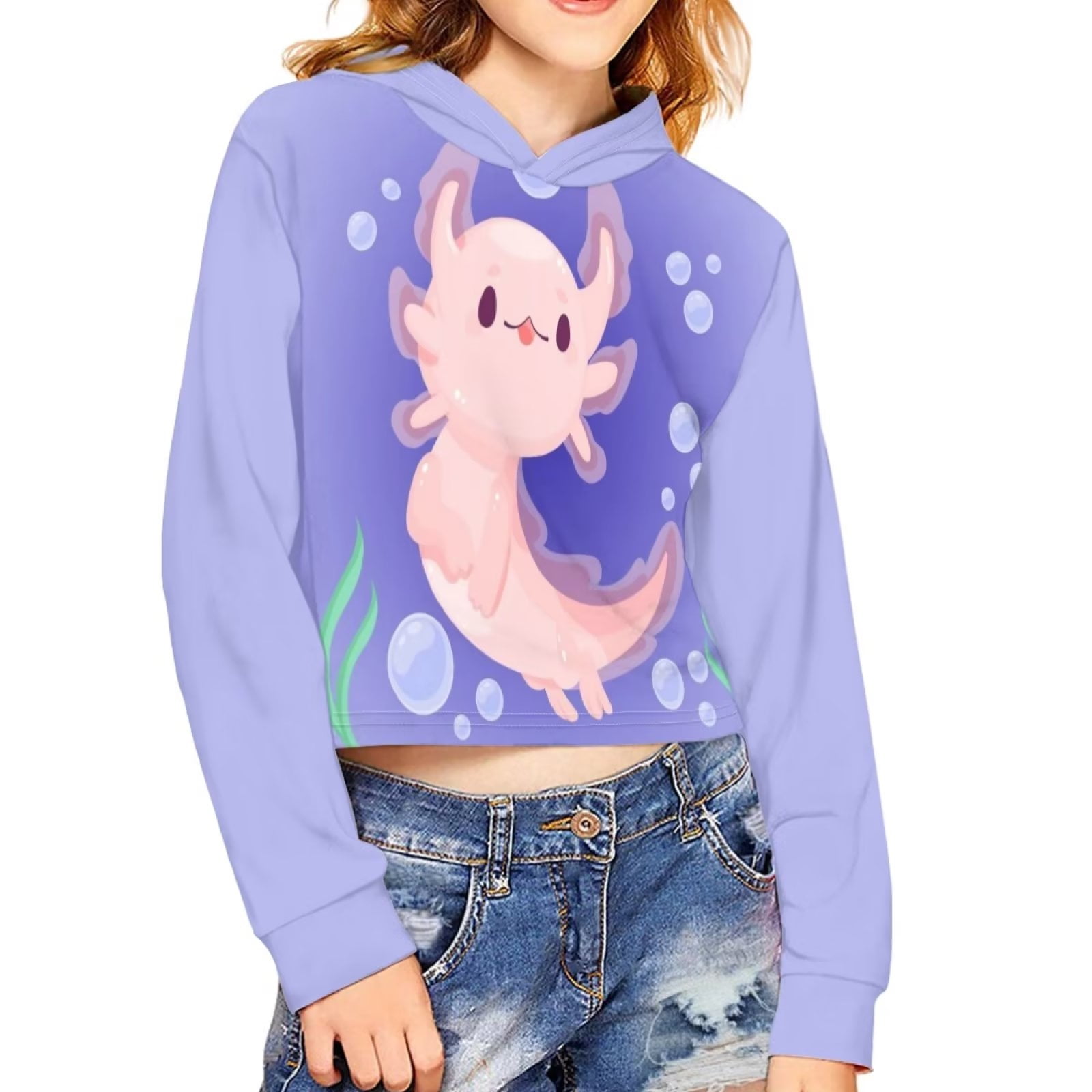 NETILGEN Cute Pink Axolotls Girls Comfort Preppy Crop Top Hooded