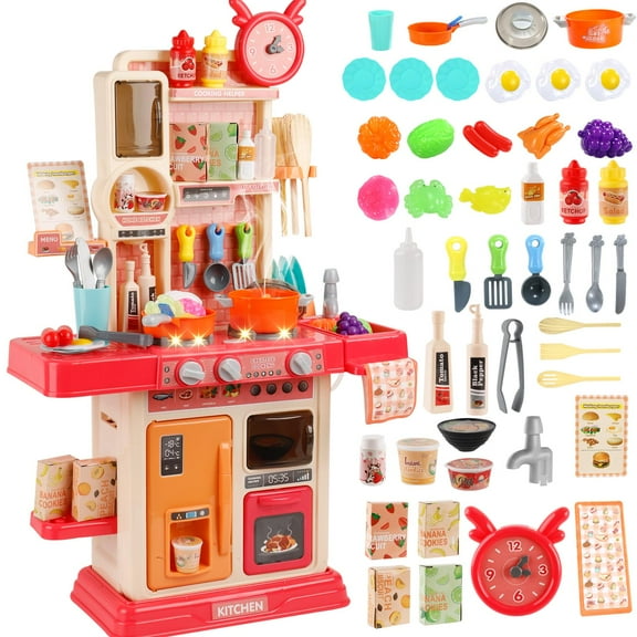 NETNEW 45 PCS Kitchen Playset Kids Kitchen Toys for Girls 3-6 Years with Realistic Lights and Sounds,Pretend Food Steam Play Food Accessories
