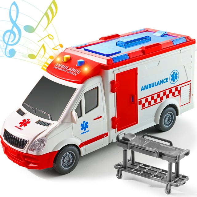 NETNEW Ambulance Toy Car with Light & Siren Sound Effects Friction Powered Wheels & LED Lights