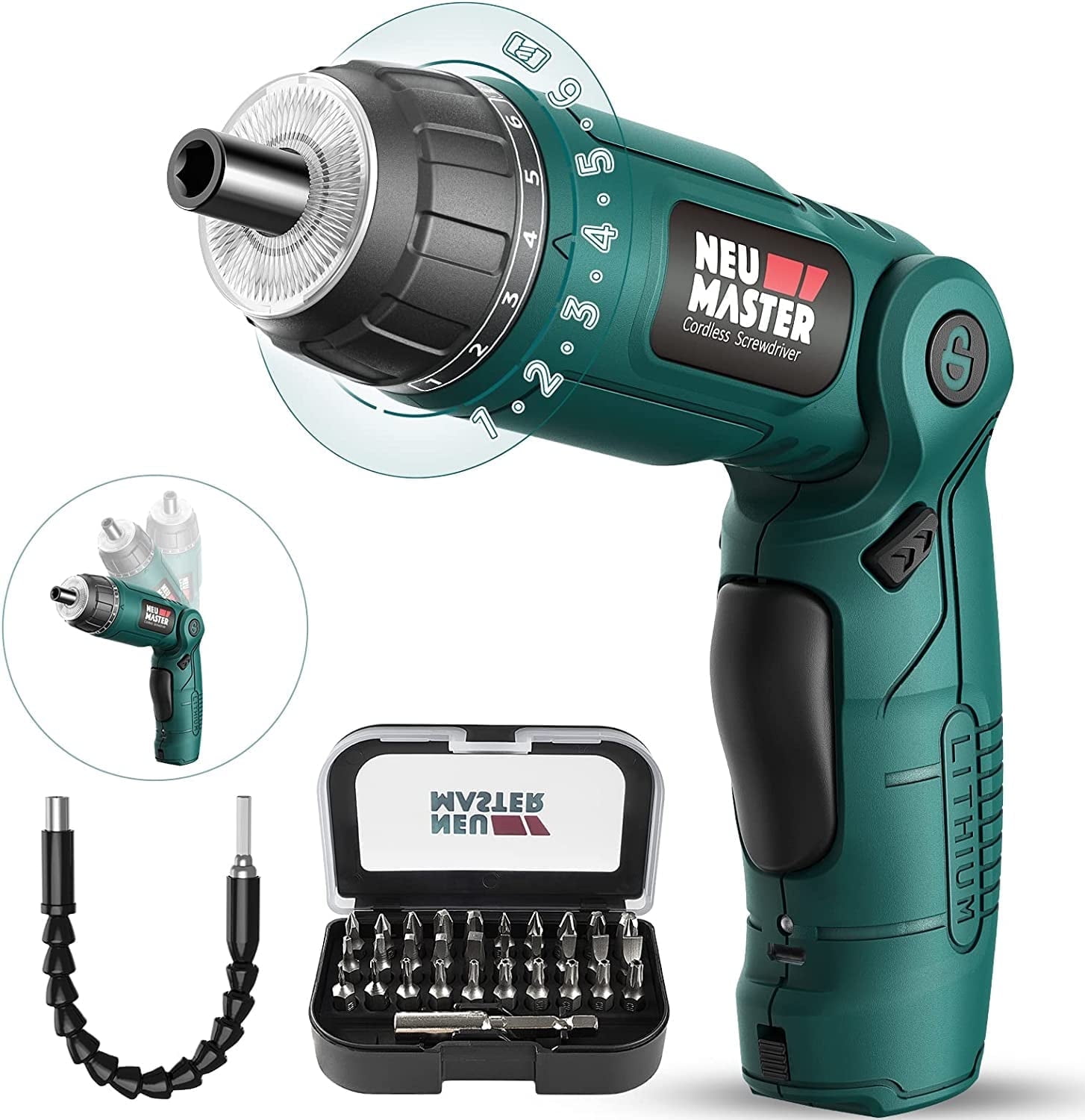 NEU MASTER 4V Cordless Electric Screwdriver, 6+1 Torque, 32pc Bits, Pivoting Handle & Dual LED Lights , Rechargeable 2000mAh Battery for Home DIY & Professional Use