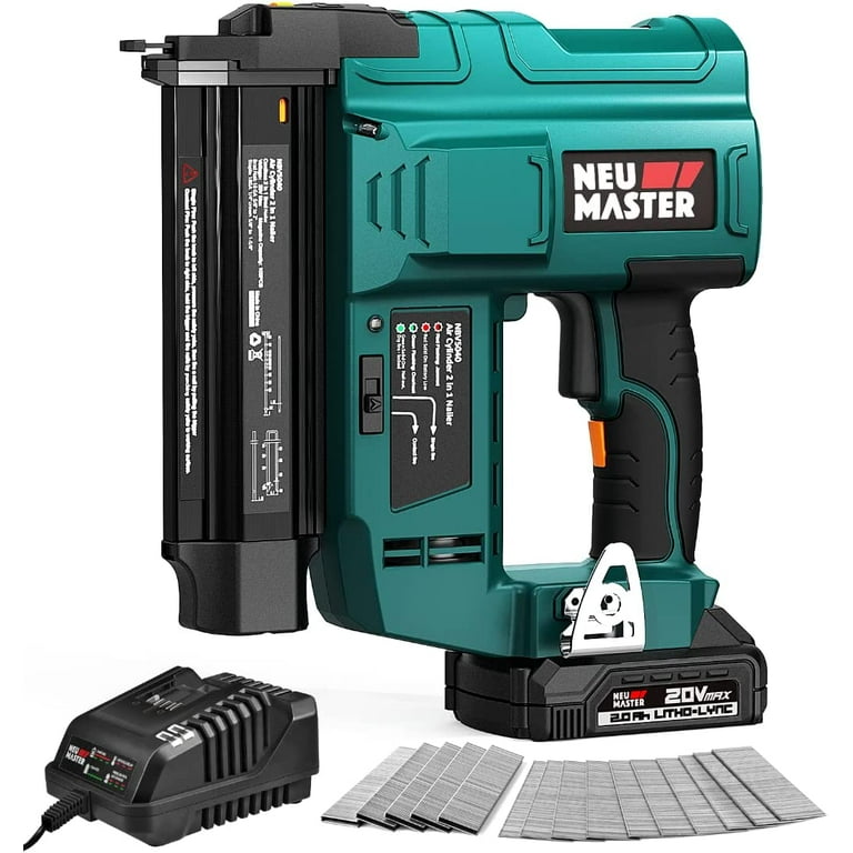 NEU MASTER Cordless Brad Nailer , 18 Gauge 2 in 1 Nail Gun/Staple Gun with  2.0Ah Li-ion Battery, 1000pcs Nails and 500pcs Staples Included, for Home
