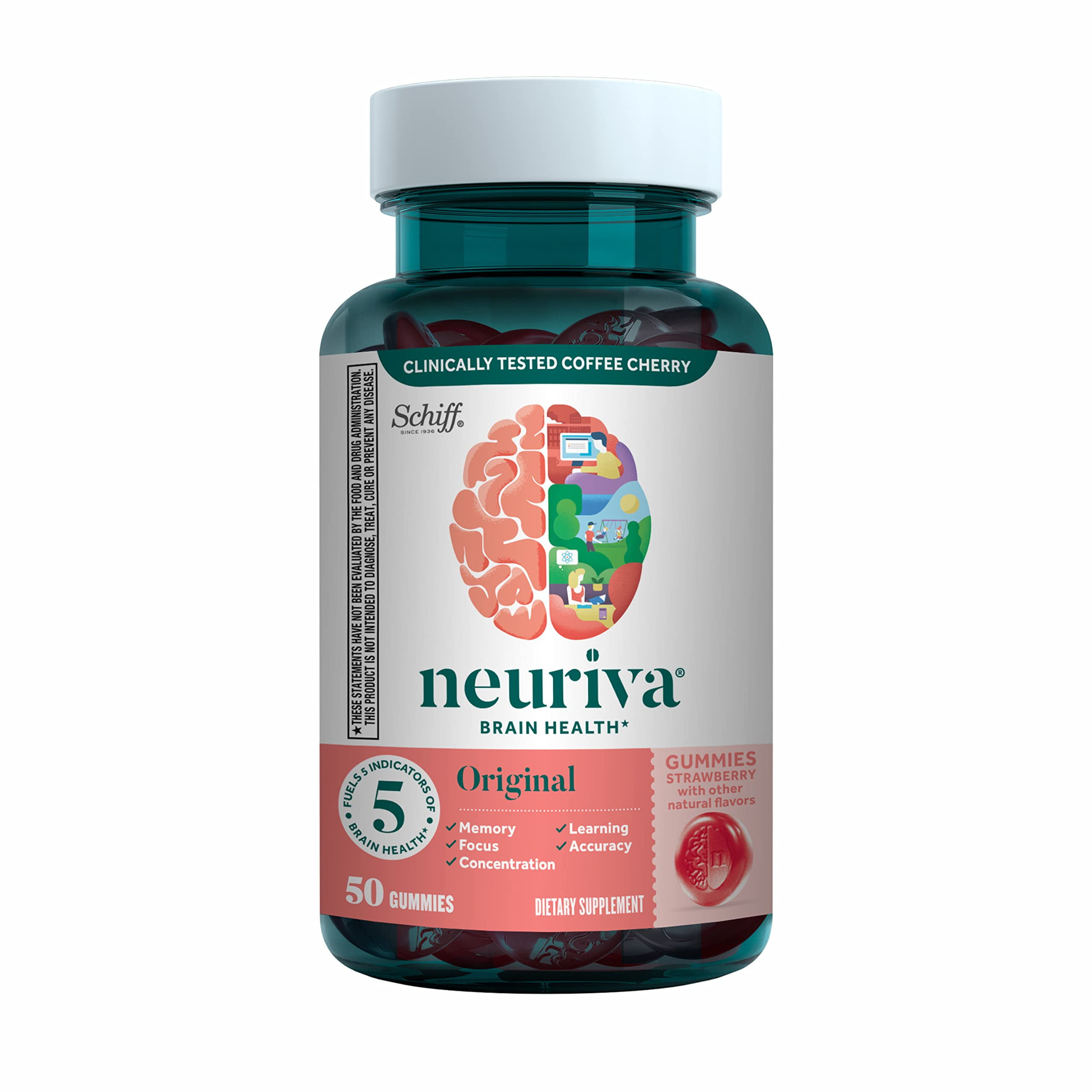 NEURIVA Original Brain Supplement for Memory, Focus & Concentration +  Learning & Accuracy with Clinically Tested Nootropics Phosphatidylserine  and Neurofactor, Caffeine Free, 50ct Strawberry Gummies 