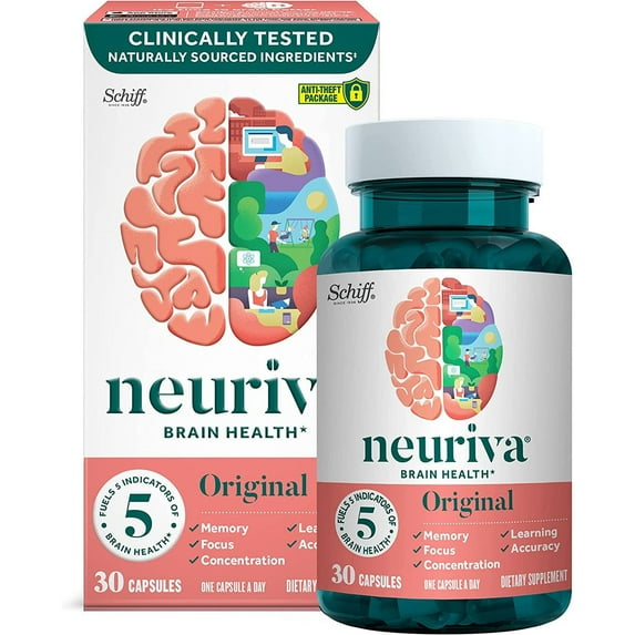 NEURIVA Original Brain Supplement for Memory, Focus & Concentration + Learning & Accuracy with Clinically Tested Nootropics Phosphatidylserine and Neurofactor, Caffeine Free, 30 Count (1 Pack)