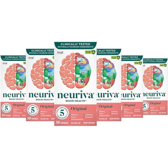 NEURIVA Original Brain Supplement for Memory, Focus & Concentration + Learning & Accuracy with Clinically Tested Nootropics Phosphatidylserine and Neurofactor, Caffeine Free, 30 Capsules (6 Pack)