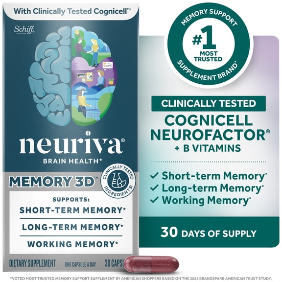 Neuriva Memory 3D Brain Health Supplement, Vitamins B12 & B6, Support for Memory, Focus & Concentration, 30 Count