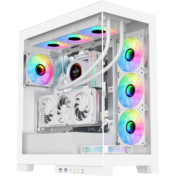 NEVIEW 4503 Mid Tower PC Case with Dual Tempered Glass Panels, 4120mm ARGB Fans Pre-Installed, High Airflow ATX PC Case for Case PC Gaming, USB 3.02, Type-C Port, Supports Top 360mm AIO White