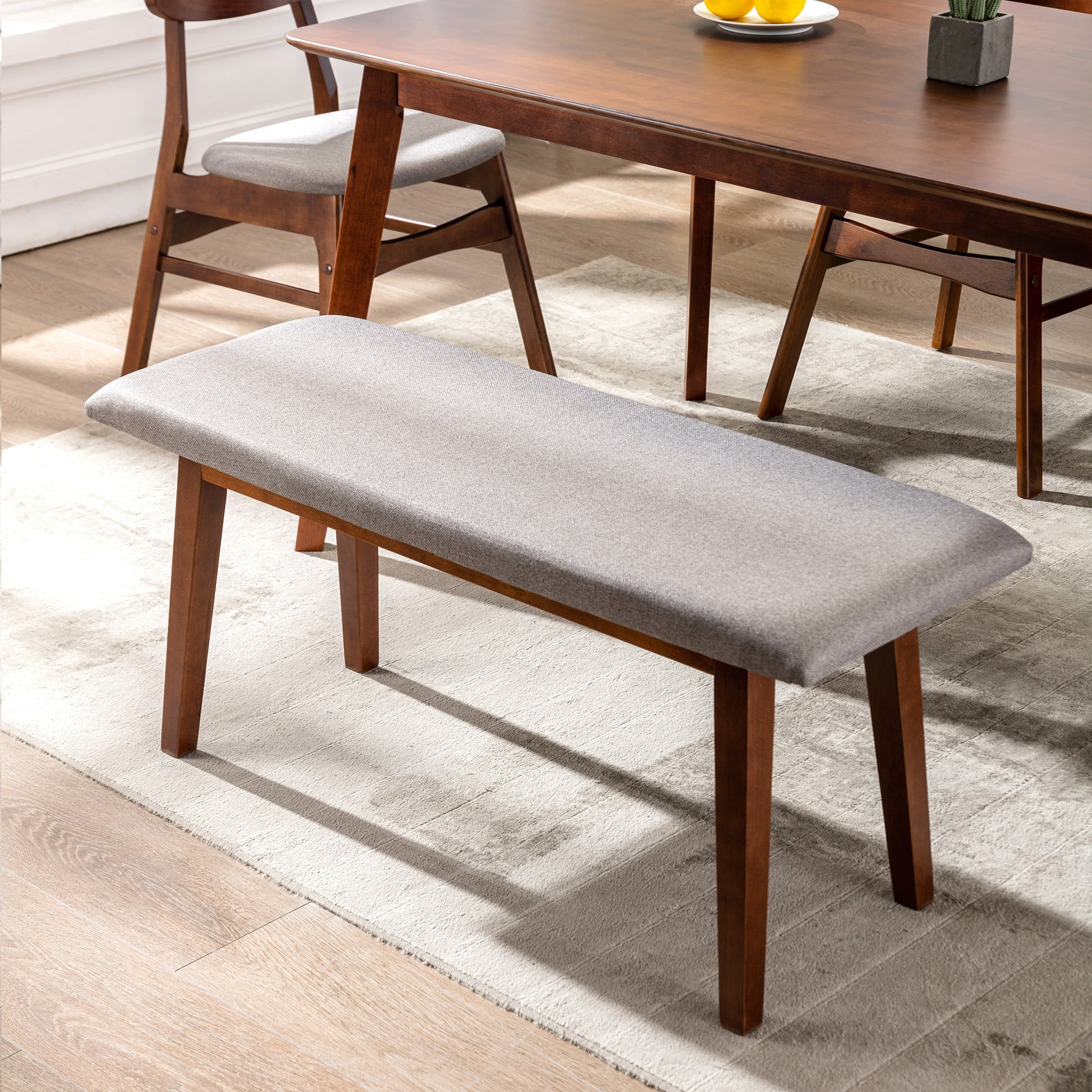 Gray Upholstered Walnut Wood Mid-Century Dining Bench