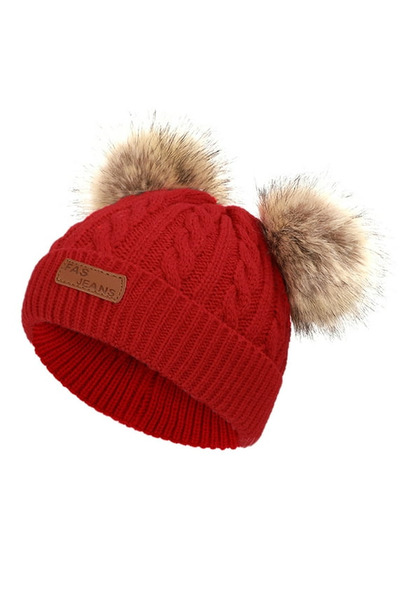 NEW 1-11 Years Old for Girls Boys Kids Winter Beanie Hat Warm Knit Thick Ski Cap with Fluff Ball children's double ball ball knitted hat red