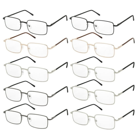 NEW 10 Pairs of Comfortable Lightweight Reading Glasses - Metal Rectangular Frame With Spring Hinges +2.25