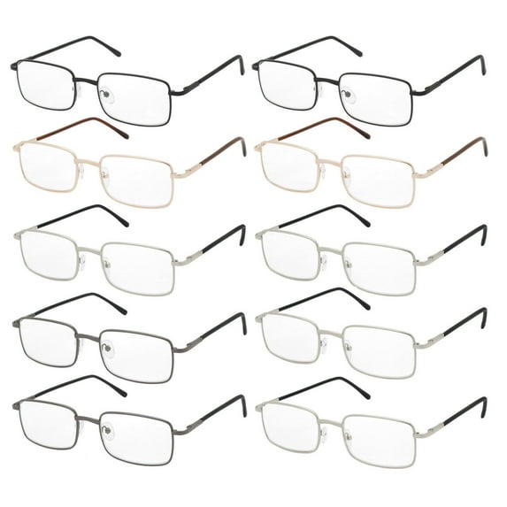 NEW 10 Pairs of Comfortable Lightweight Reading Glasses - Metal Rectangular Frame With Spring Hinges +2.75