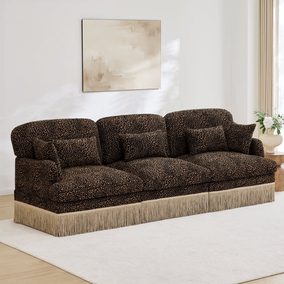 NEW 100" Comfy Chenille Leopard Print 3-Seater Modular Sectional Sofa, Tassel Edge, Ergonomic Design, Easy Assembly, Deep Seat, Brown Black