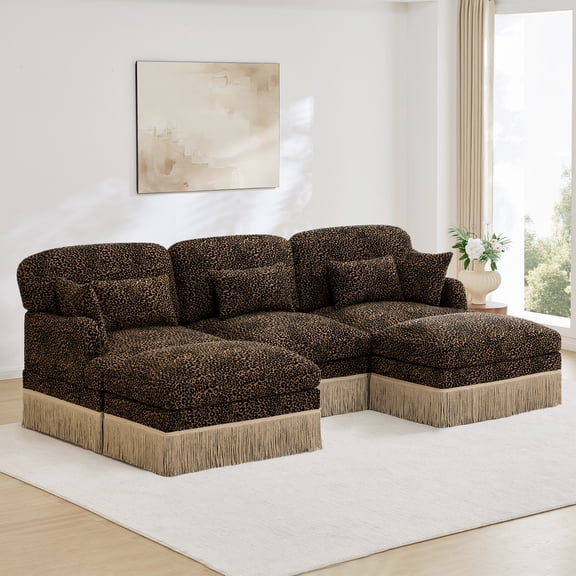 NEW 100"Comfy Chenille Leopard Printing U-Shaped Sofa,Delicate Tassel Edge,Movable Ottomans Ergonomic Back and Seat Design,Easy Assembly,Deep Seat Design for Living Room,Brown black