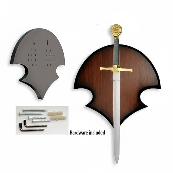 SZCO Supplies 2-Piece Universal Sword Wall-Hanging Display, 11.5" Dark Hardwood Plaque with Steel Hooks, Decorative Family-Crest Mount for Swords and Daggers with Hardware Included