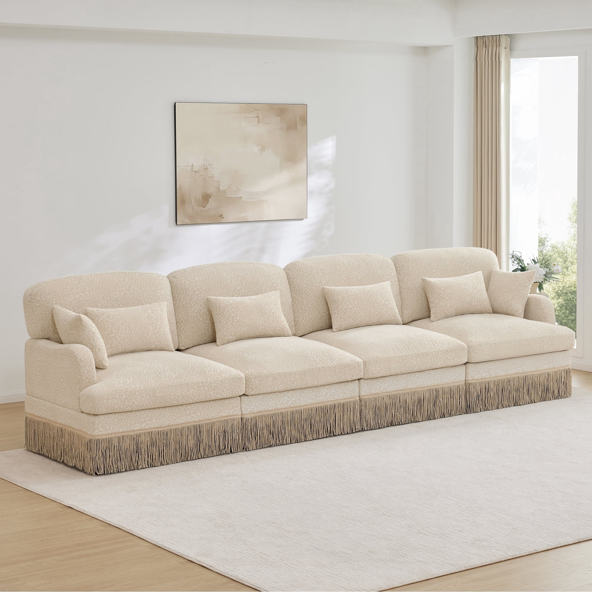 NEW 131" Comfy Chenille Leopard Print 4-Seater Modular Sectional Sofa, Tassel Edge, Ergonomic Design, Easy Assembly, Deep Seat, Beige Coffee