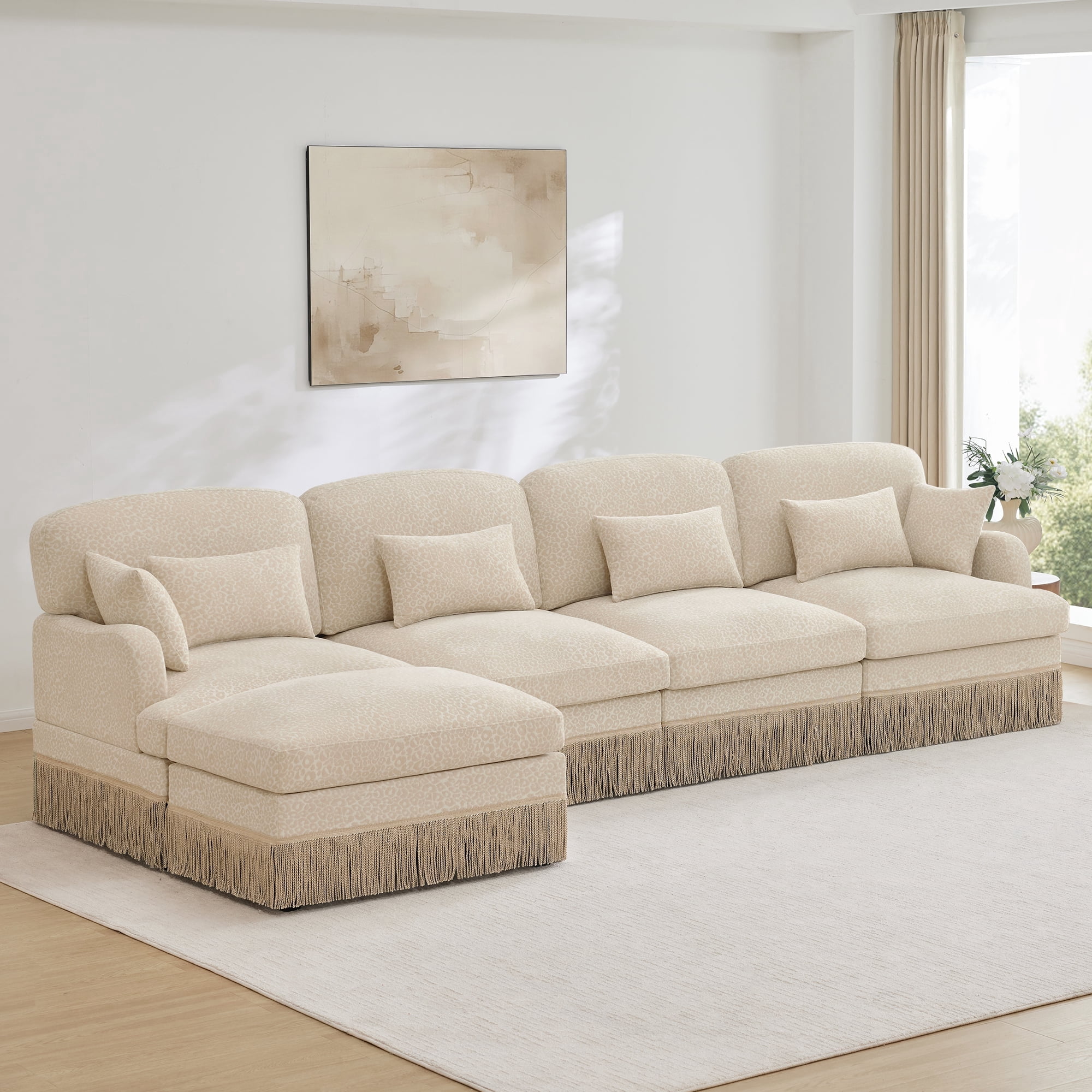 NEW 131" Comfy Chenille Leopard Print L-Shaped Sofa, Delicate Tassel Edge, Movable Ottoman, Ergonomic Design, Easy Assembly, Deep Seat, Beige Coffee