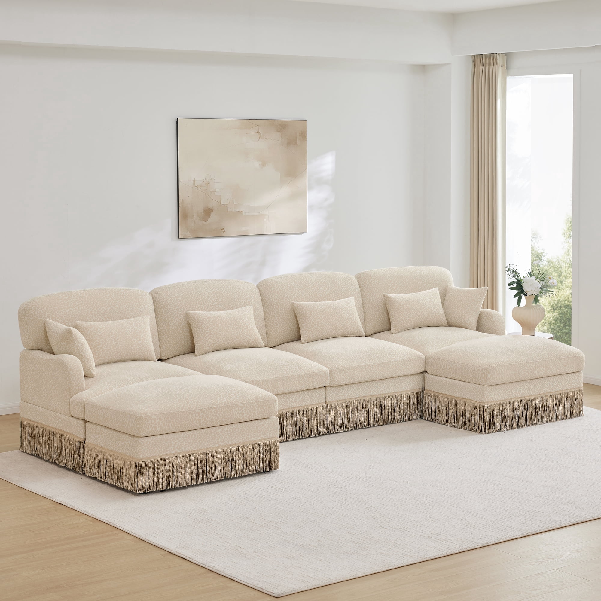NEW 131" Comfy Chenille Leopard Print U-Shaped Sofa, Delicate Tassel Edge, Movable Ottomans, Ergonomic Design, Easy Assembly, Deep Seat, Beige Coffee