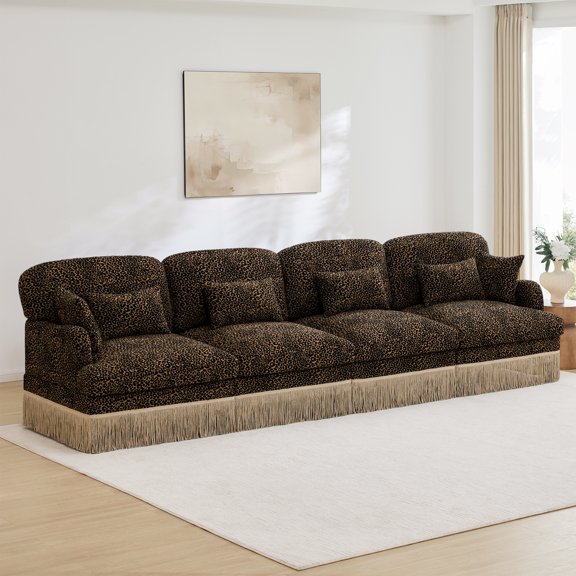 NEW 131" Comfy Chenille Leopard Printing U-Shaped Sofa, Delicate Tassel Edge, Movable Ottomans, Ergonomic Design, Easy Assembly, Deep Seat, Beige Coffee