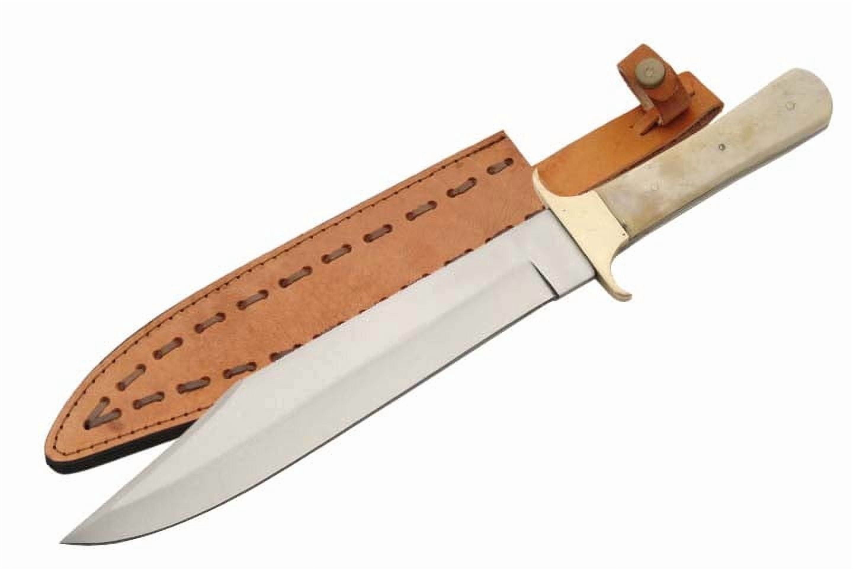SZCO 15-Inch Oversized Fixed Blade Bowie Knife Authentic Bone Handle with Polished Brass Guard and Leather Sheath for Hunting and Survival