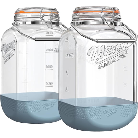 NEW] 2 Pack Square 1.5 Gallon Glass Jar with Hinged Airtight Lid, Large Mason Jars Wide Mouth with Handle, Glass Storage Containers with Non-slip Base for Pantry, Laundry Room, Flour, Rice, Dog Treat