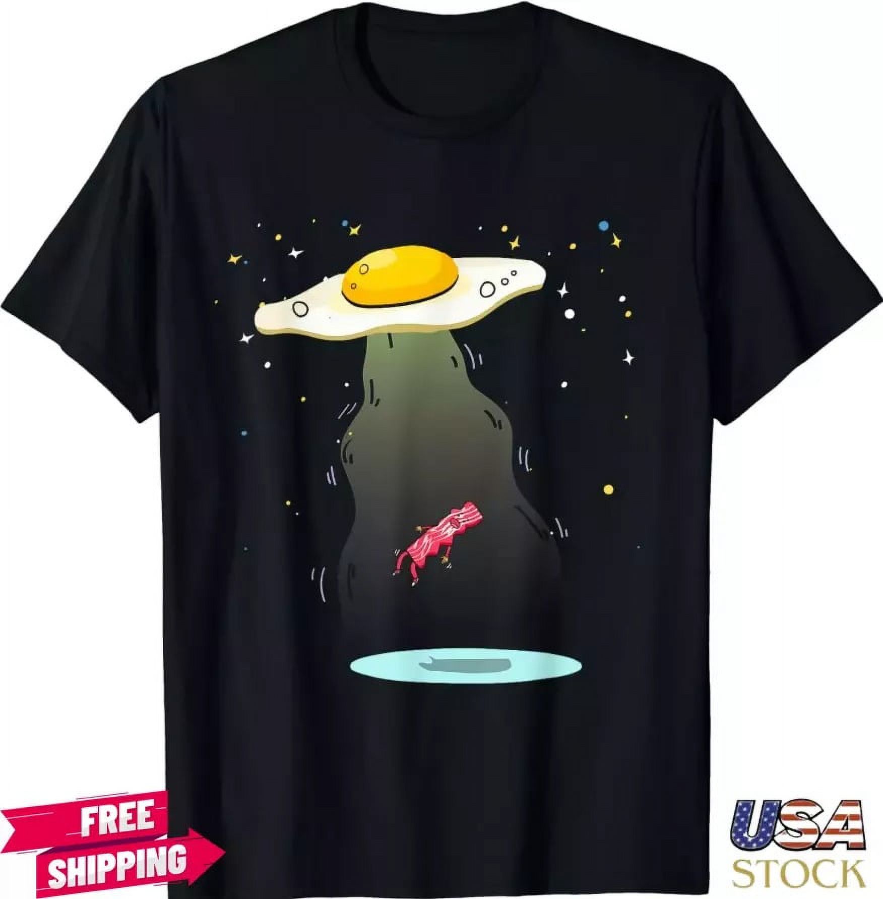 NEW 2024 Cool Egg Abducting Bacon Funny UFO Breakfast Food Pork TShirt