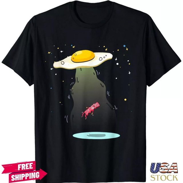 NEW 2024 Cool Egg Abducting Bacon Funny UFO Breakfast Food Pork TShirt