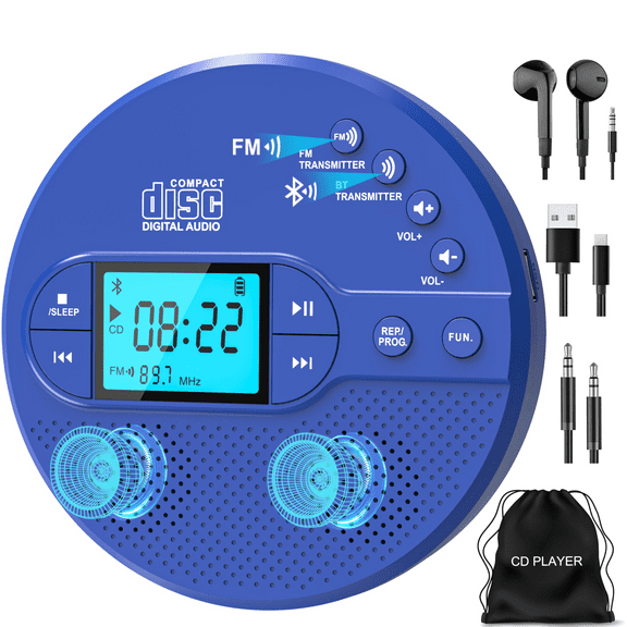 NEW 2025 CD Player Portable with Bluetooth, Greadio 2000mAh Rechargeable Discman CD Player for CarBlue)