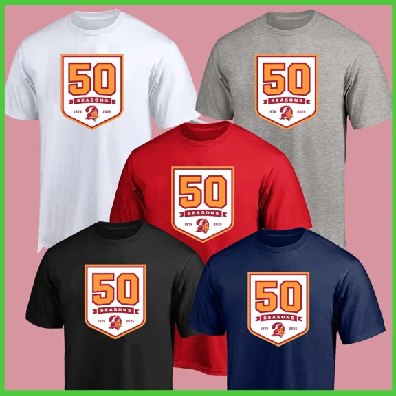 NEW 2025 Tampa Bay Happy Buccaneers 1976 - 2025 50th Season Logo T-Shirt
