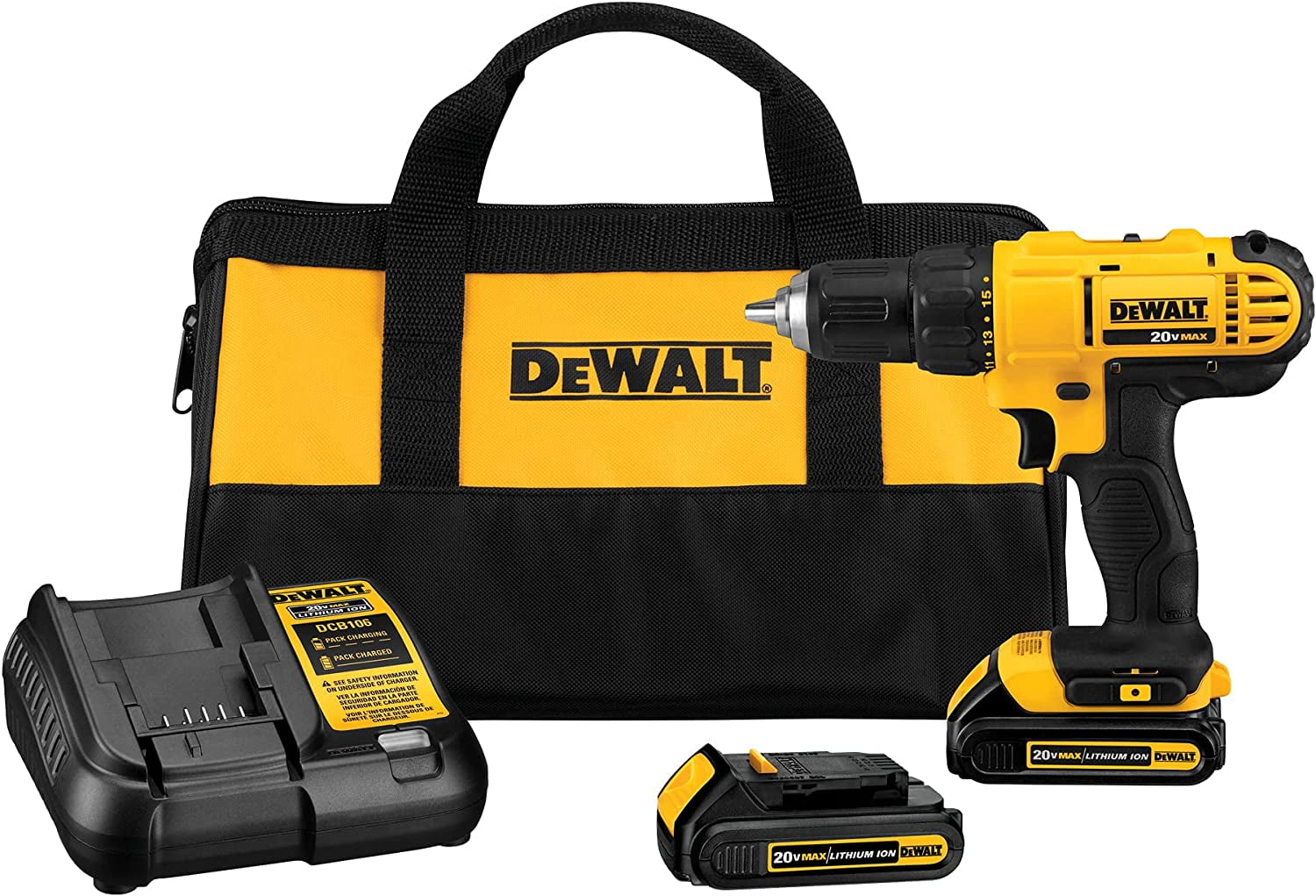 DEWALT DCD771C2 300W Cordless Drill Driver 20V, 1.3Ah 1/2" Chuck,1500 RPM, 15 Pieces